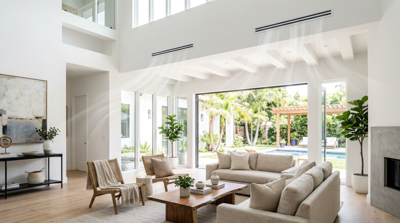 Southern California home interior with ceiling supply air vent and soft subtle circulation curves
