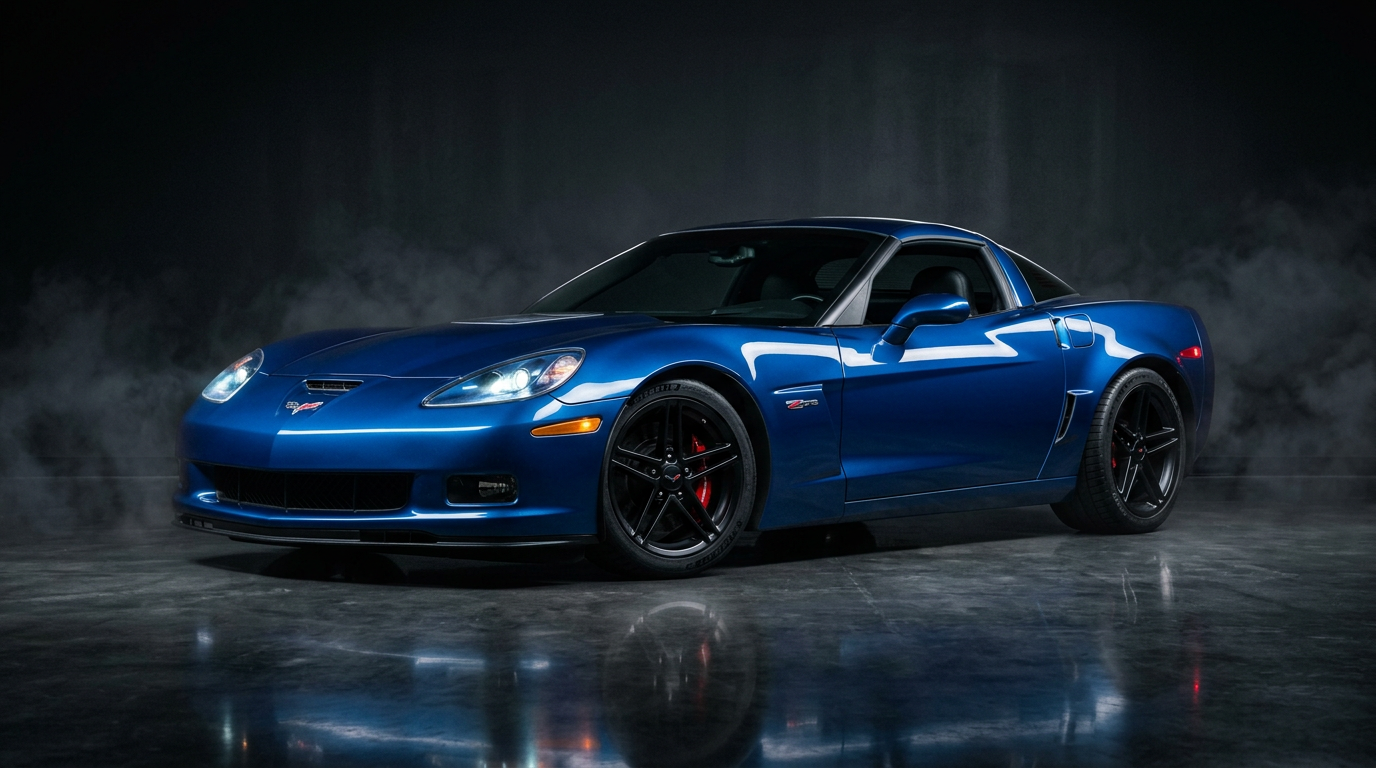 Chevrolet Corvette C6 in Le Mans blue metallic paint under dramatic studio lighting