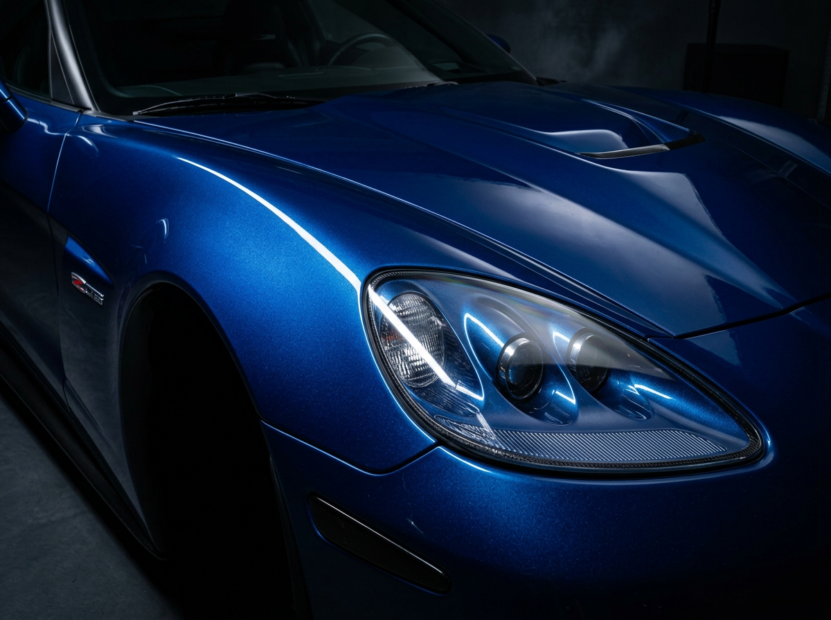 Close-up detail of Corvette C6 body panel and headlight in deep blue metallic paint