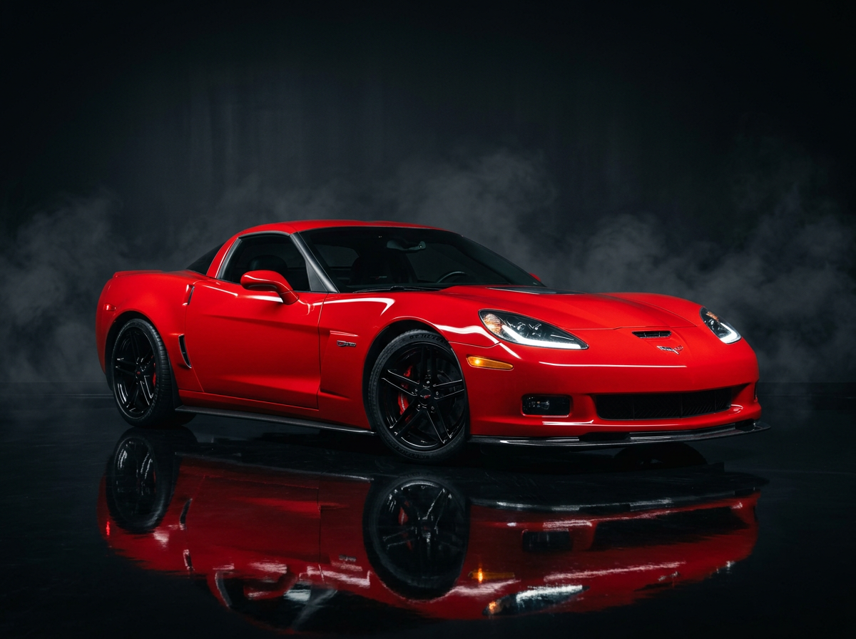 Chevrolet Corvette C6 in torch red under dramatic studio lighting
