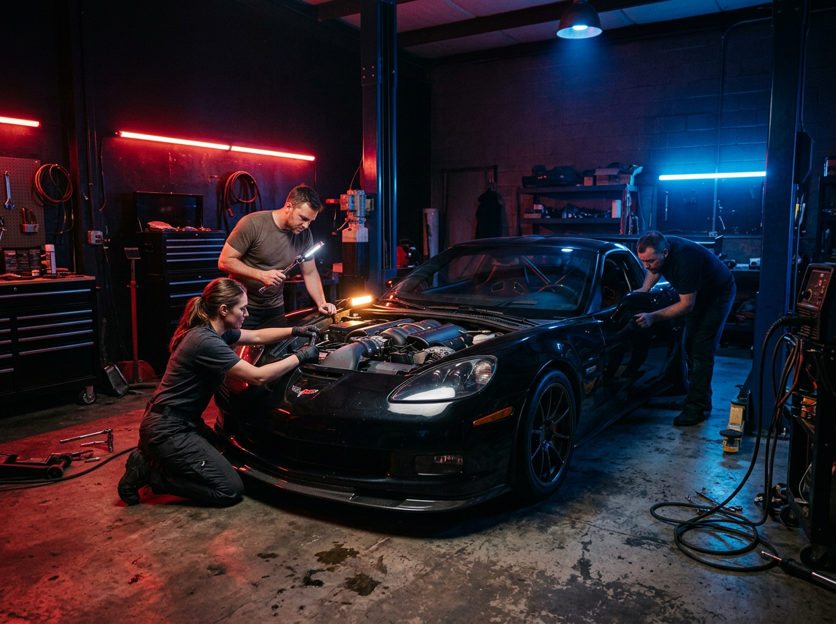 C6 performance specialists working around a Corvette C6 in a studio garage