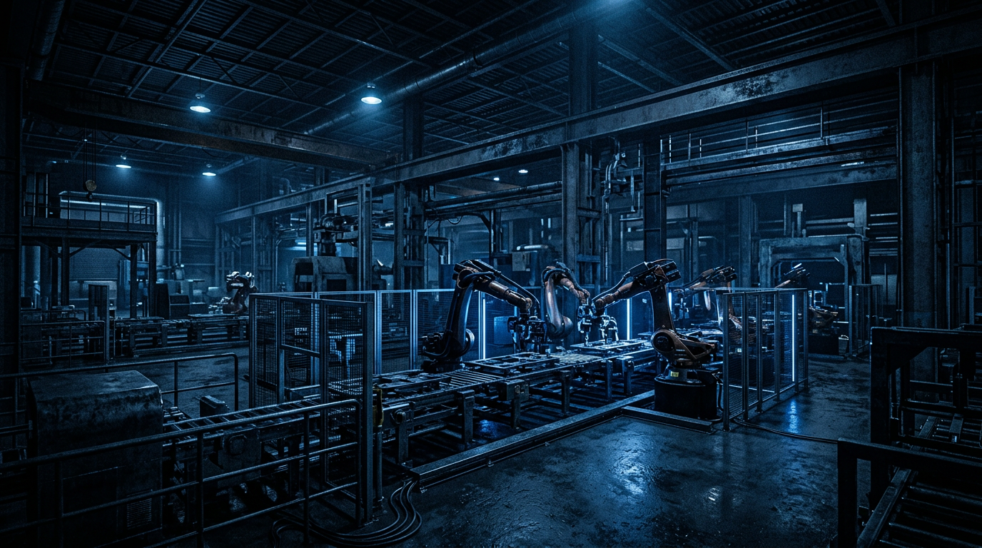 Dark cinematic industrial manufacturing facility