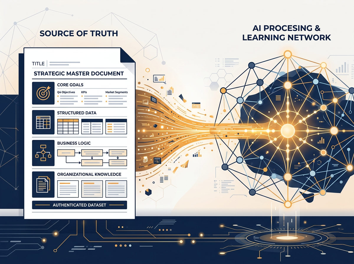 Illustration of a structured business Source of Truth document feeding a connected AI network