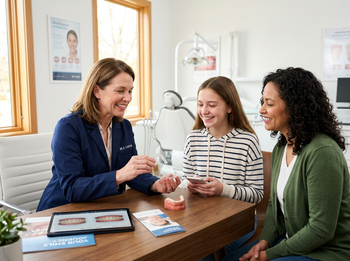 Orthodontist consulting with a teen patient about clear aligners