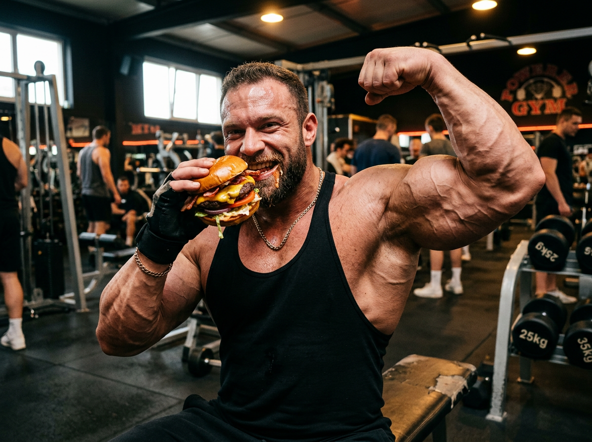 Muscular gym enthusiast eating the Legacy Burger signature burger while flexing his bicep