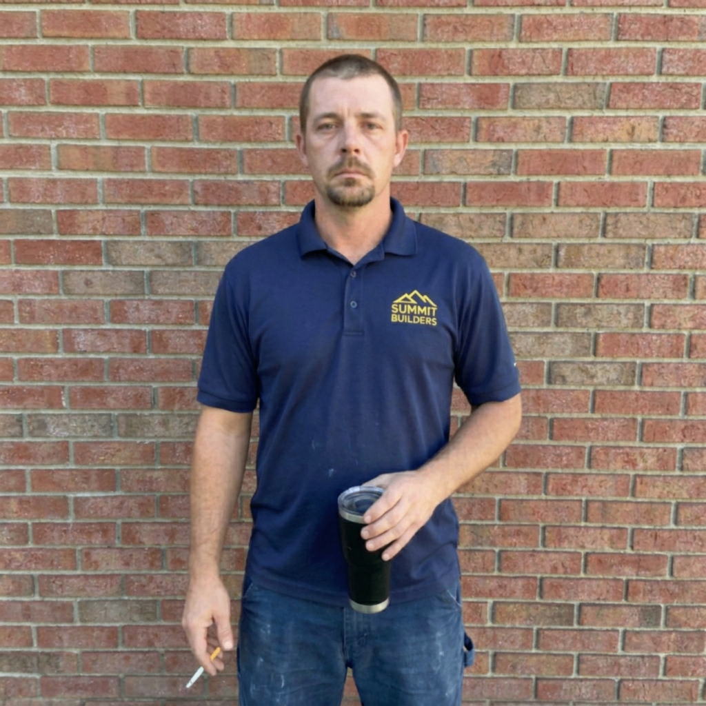 Before: casual unedited phone photo of a business owner against a brick wall