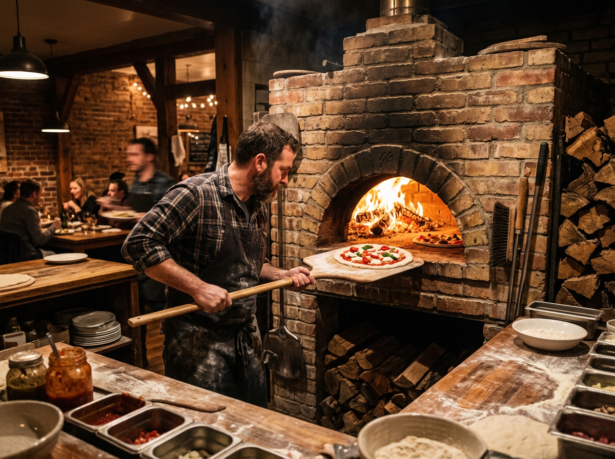 Wood-fired pizza oven at Piazza Ember