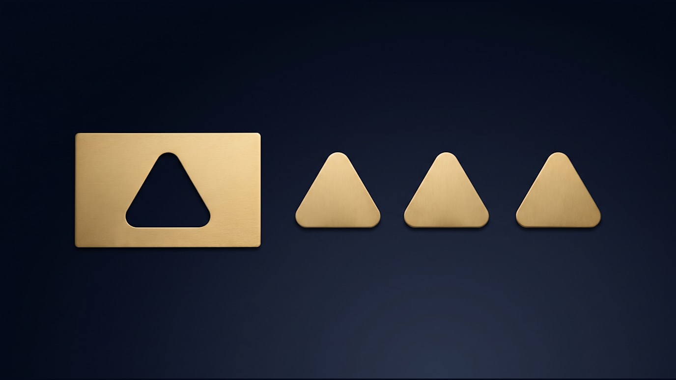 A flat stencil plate with one clean cut out of a plain rounded triangle lies on the left, and three identical plain rounded triangles produced through that cutout rest in a straight evenly spaced row to its right, all simple geometry with no emblem and nothing resembling a logo mark