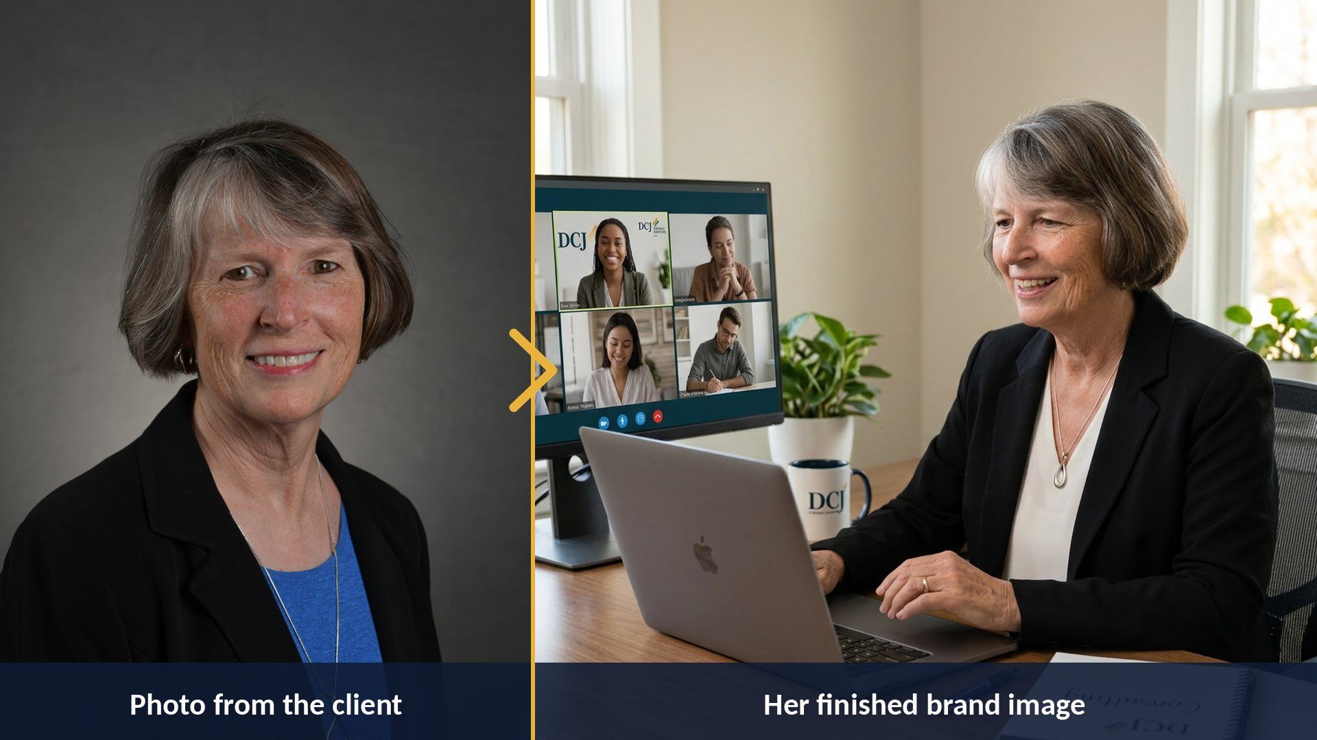 Before and after: raw client photo transformed into a finished branded image