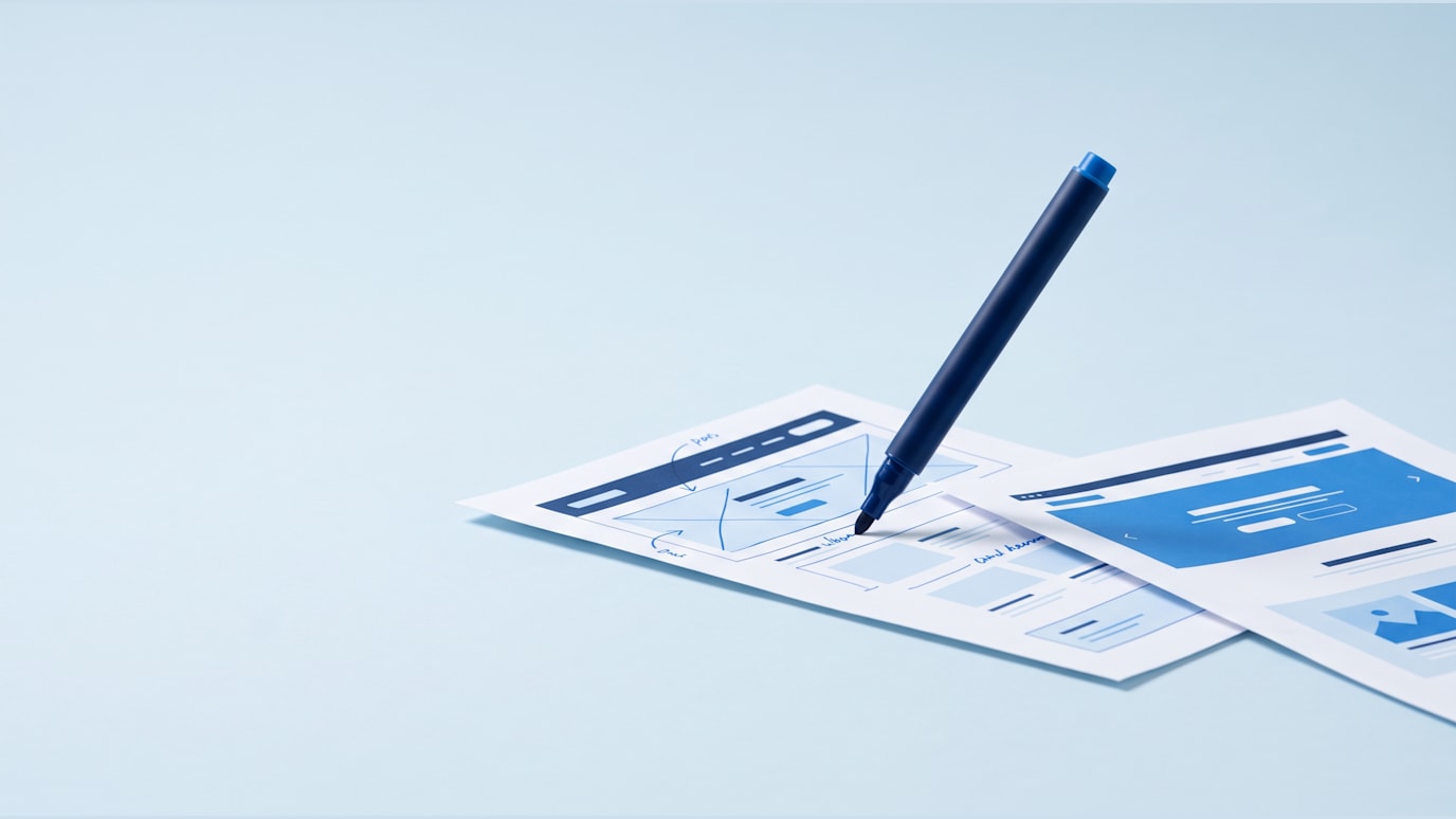 A printed webpage mockup is being marked with a blue pen while a second page slides underneath