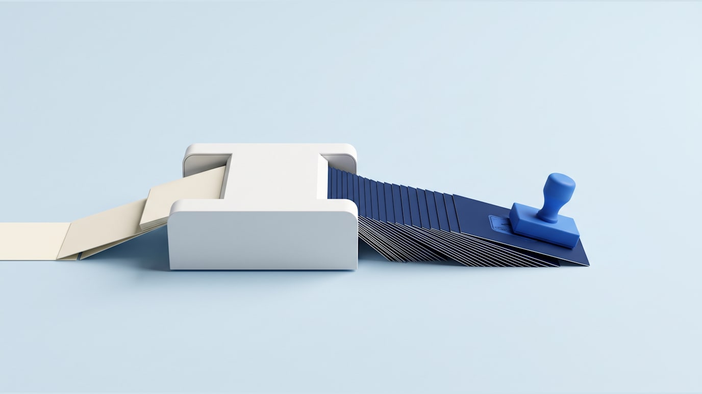 A white card feeder is arranging cream slide cards into a navy pitch sequence while a blue stamp marks the final ask