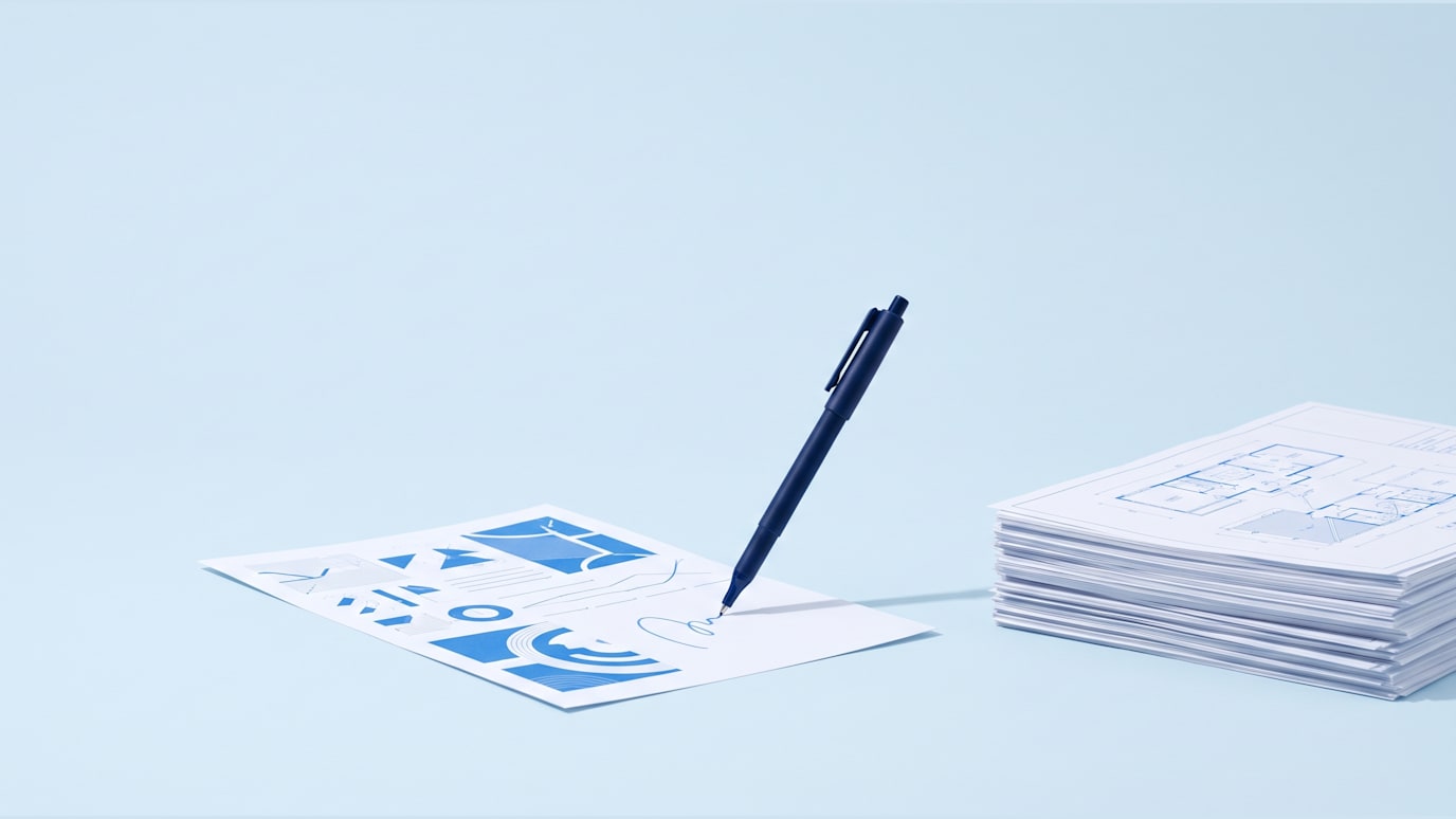 A printed page is being marked up by a blue pen while draft sheets are gathered into a neat stack