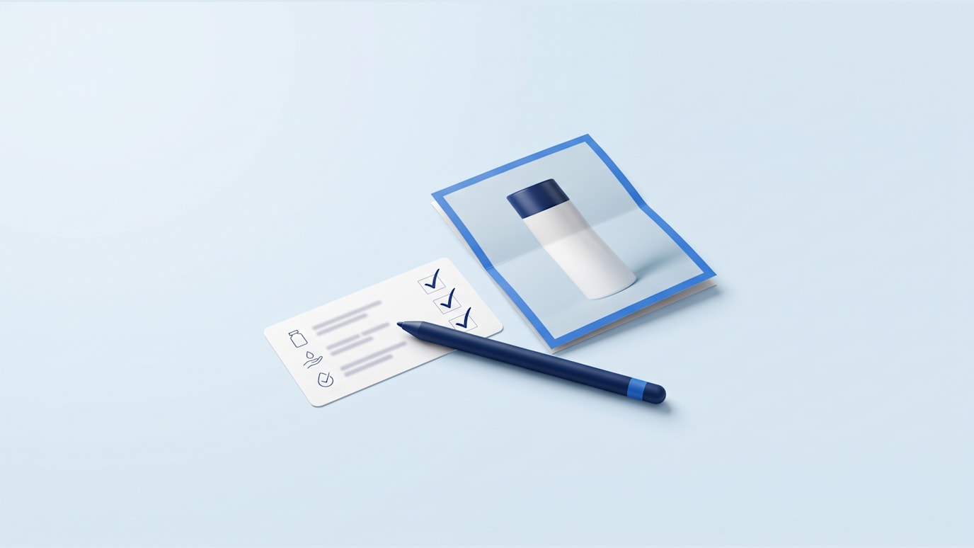 A product label is being marked with checkmarks beside a product photo