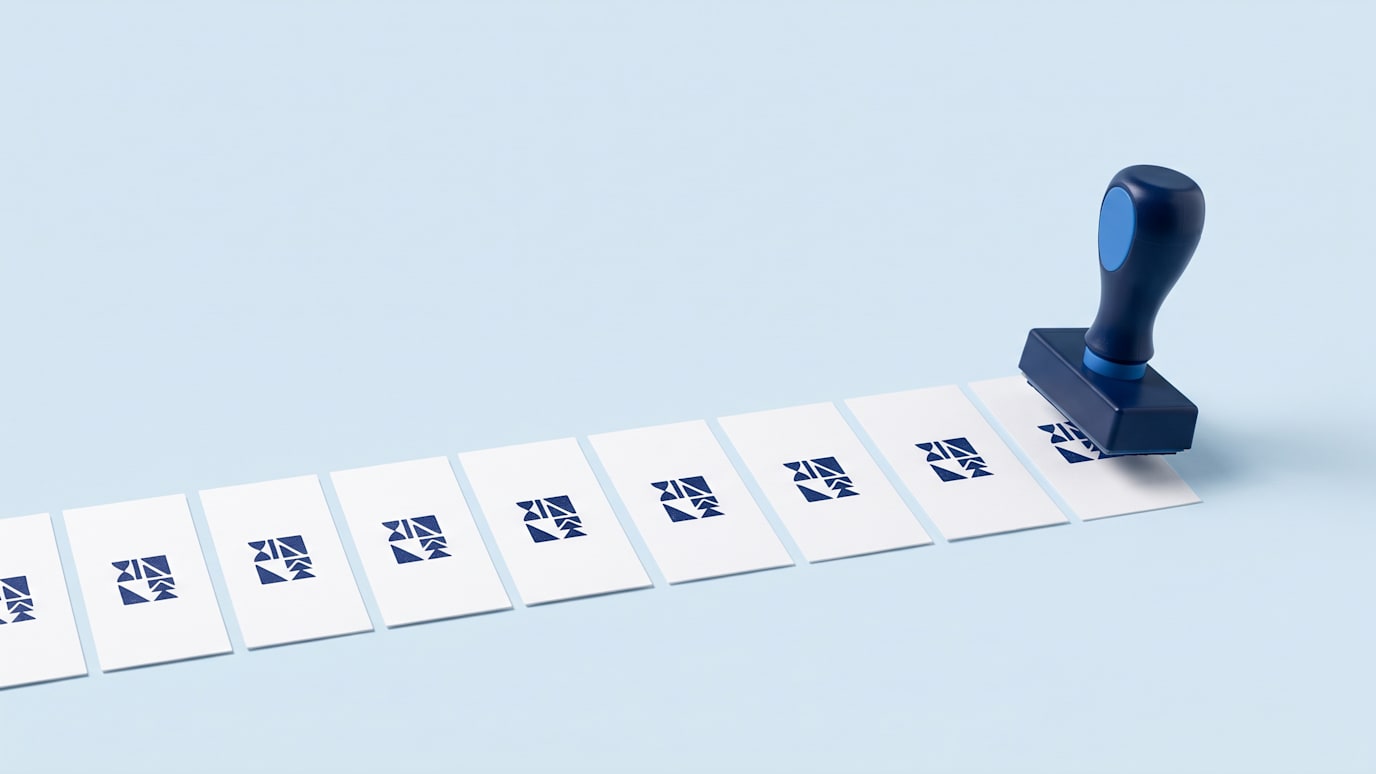 A navy rubber stamp pressing the same blue mark onto the last card in a neat row of identical white cards