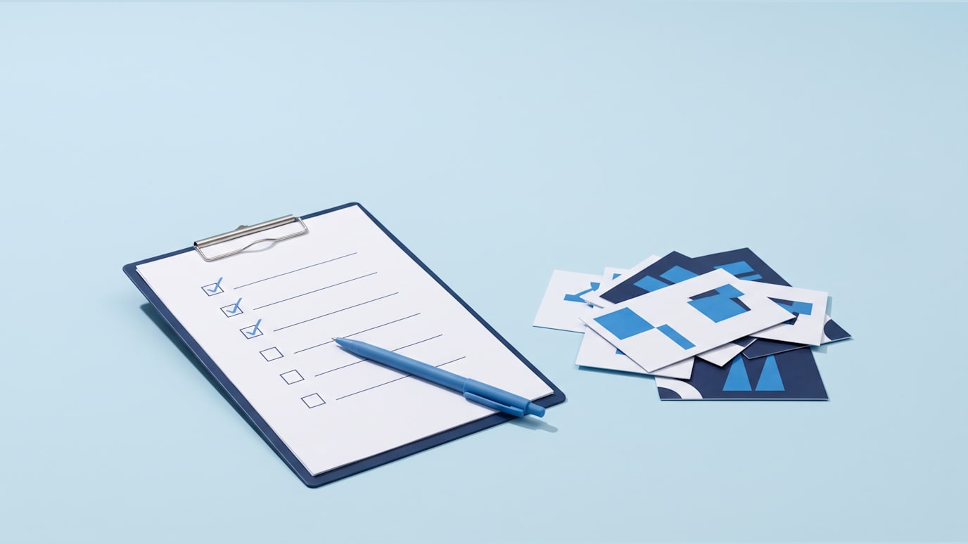 A checklist is being ticked while extra tool cards are pushed aside