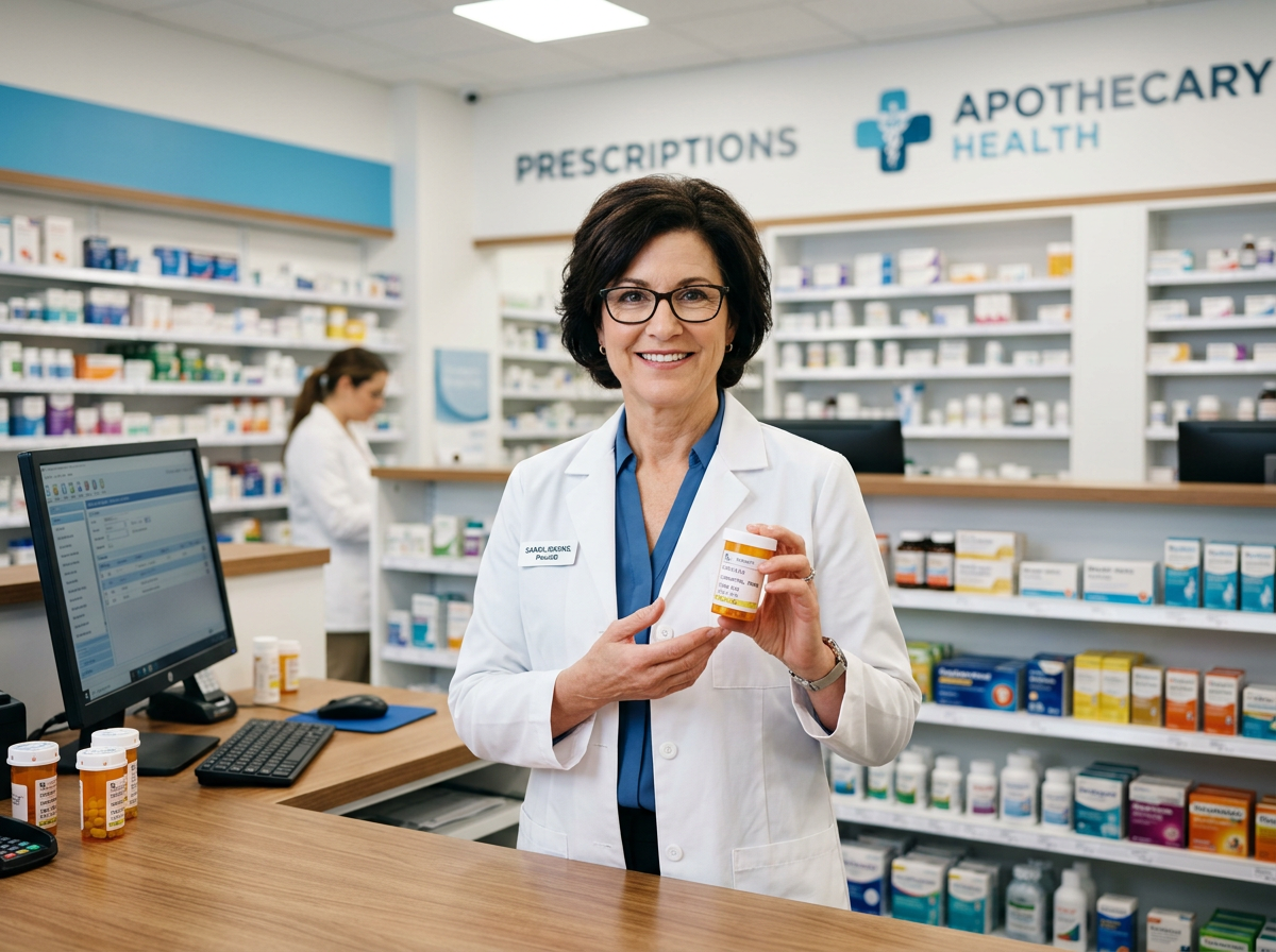 Pharmacist holding a prescription bottle