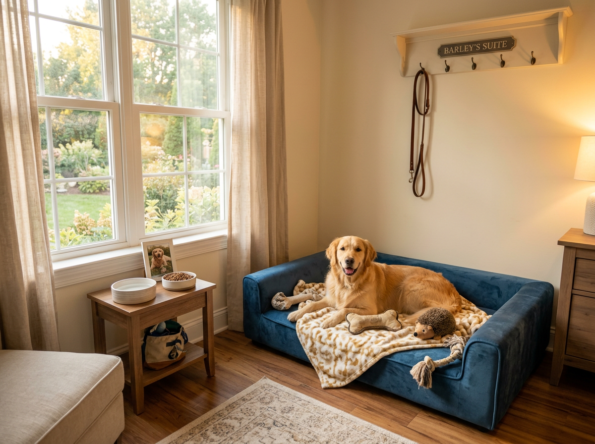 A cozy boarding room with a plush bed and warm sunlight