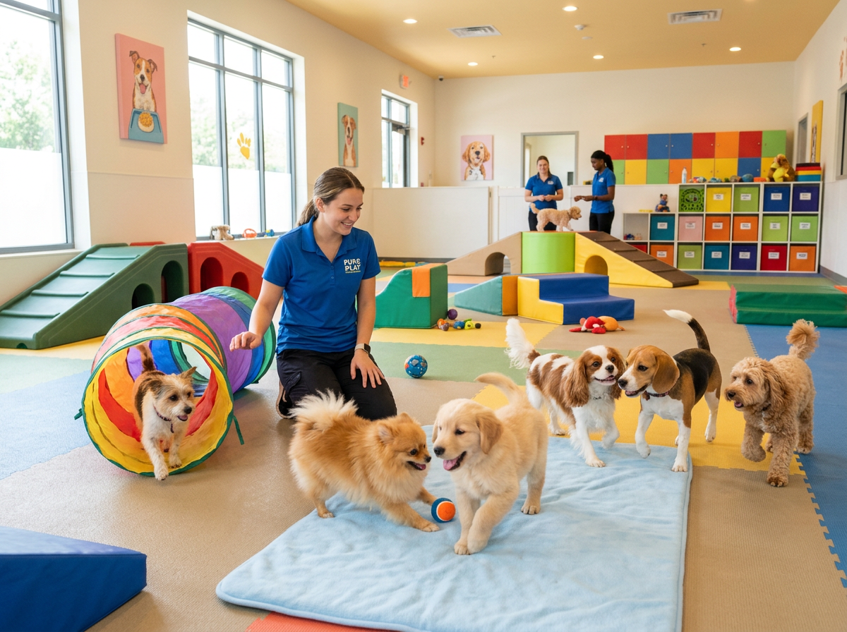 A cheerful indoor daycare play area with dogs playing under supervision