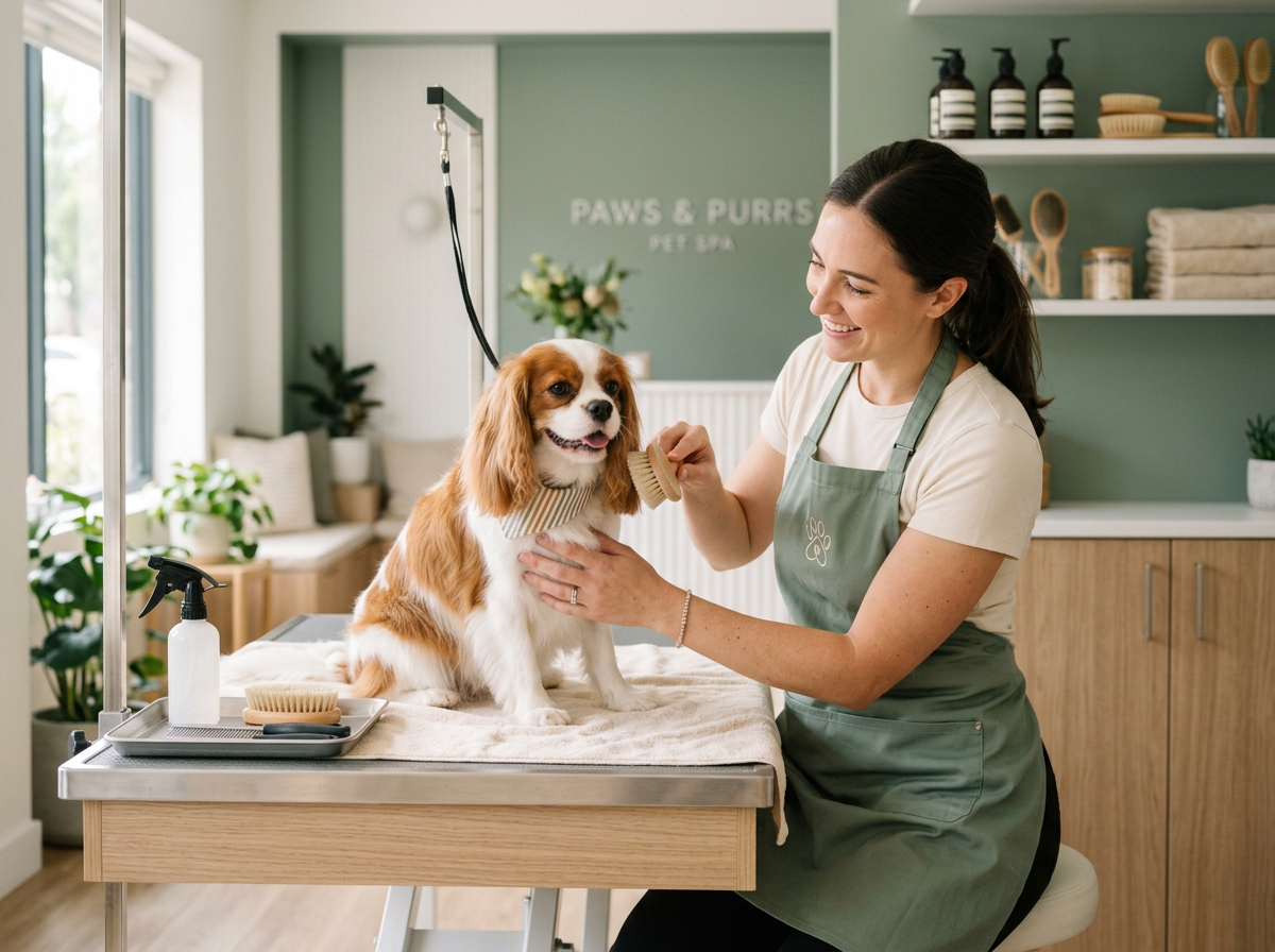A groomer gently brushing a happy dog in a clean, modern pet spa