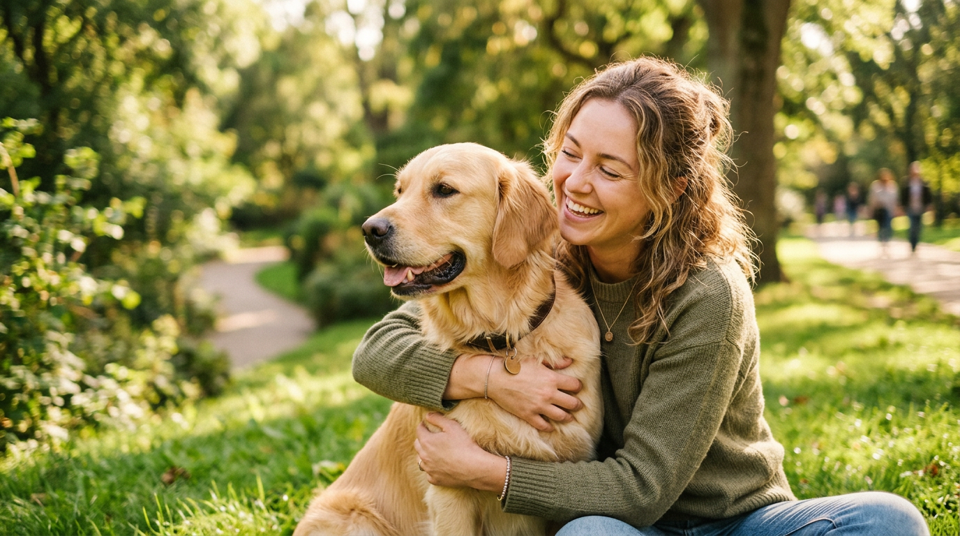 A relaxed pet owner embracing their healthy, well-groomed dog outdoors
