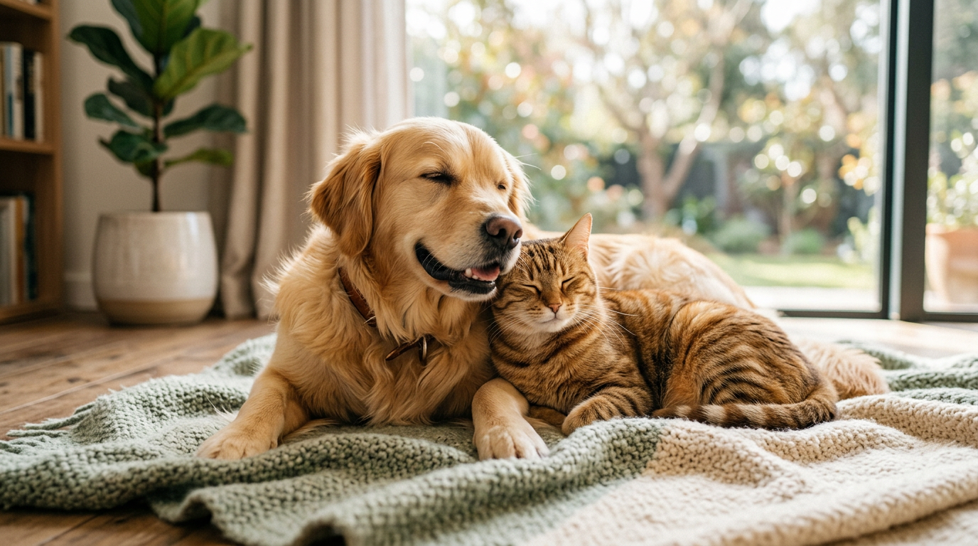 A groomed golden retriever and a calm cat resting together on a soft blanket in a bright room