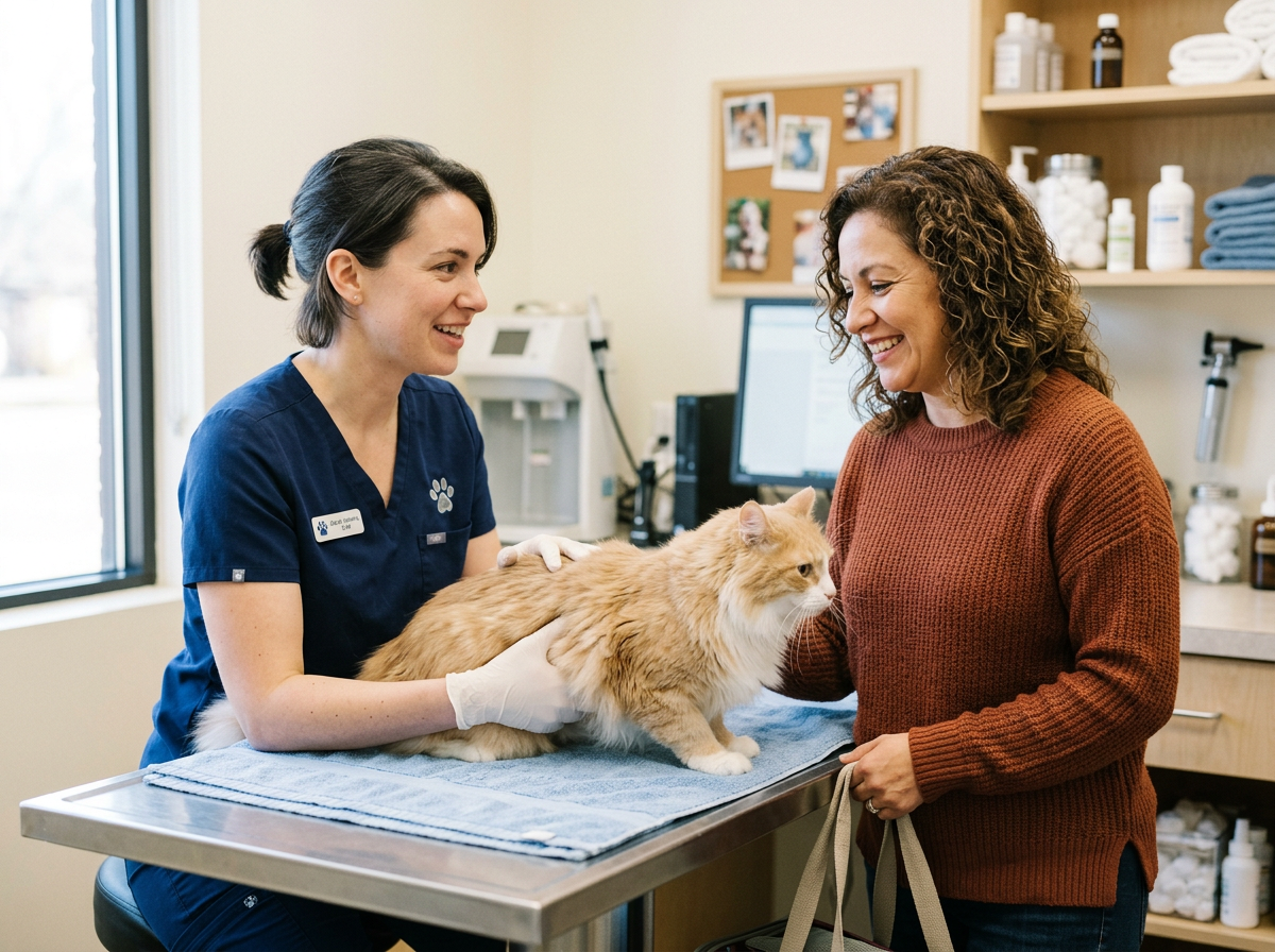 A caring specialist gently examining a cat while guiding a pet owner