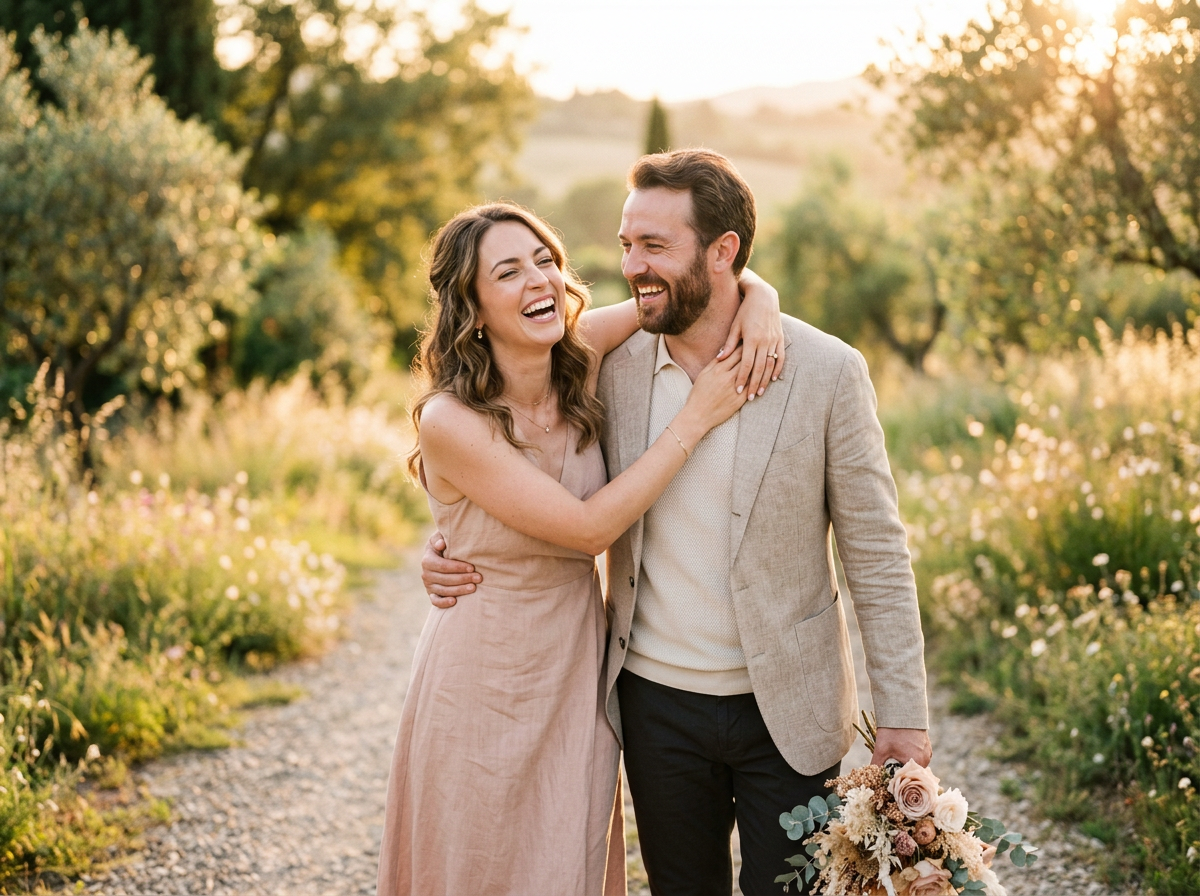Engaged couple laughing together outdoors at golden hour
