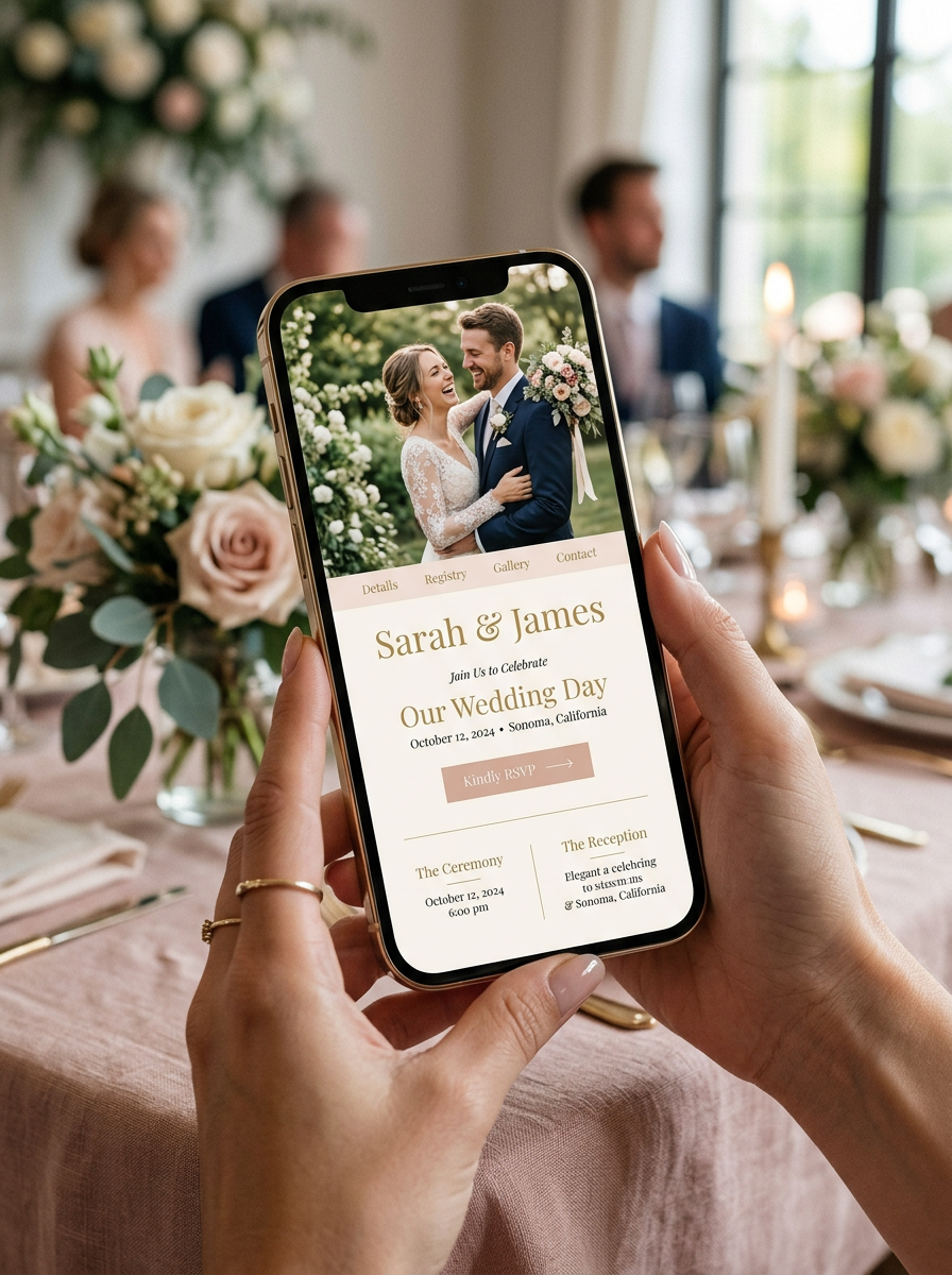Wedding website template mockup on a smartphone showing a couple photo and RSVP button