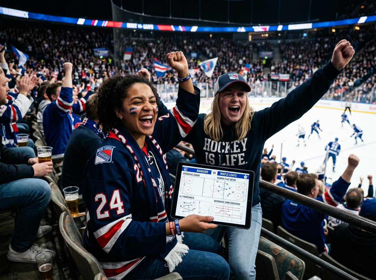 Hockey fans enjoying a game with RinkSide Playbook guide