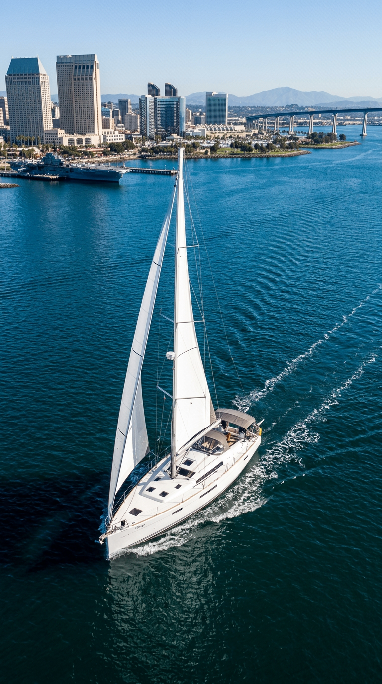 Aerial view of Nunya sailing past the San Diego skyline and Coronado Bridge