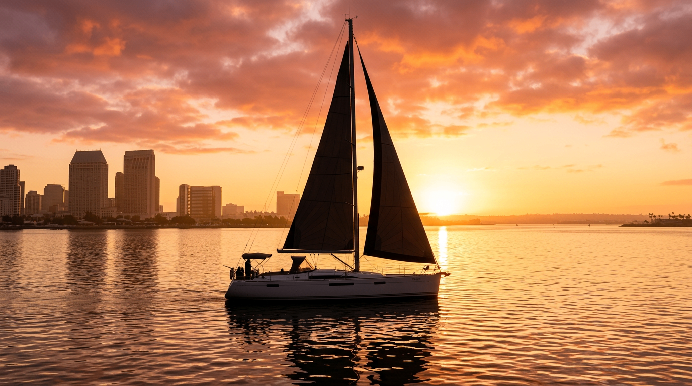 Silhouette of the Nunya sailing yacht on San Diego Bay at sunset with the city skyline reflected on the water