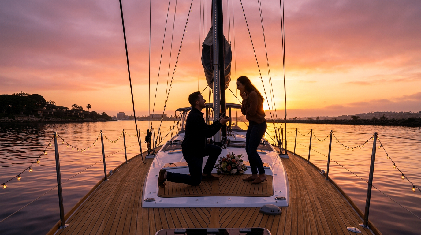 Marriage proposal at sunset aboard Nunya with San Diego skyline and fairy lights on deck