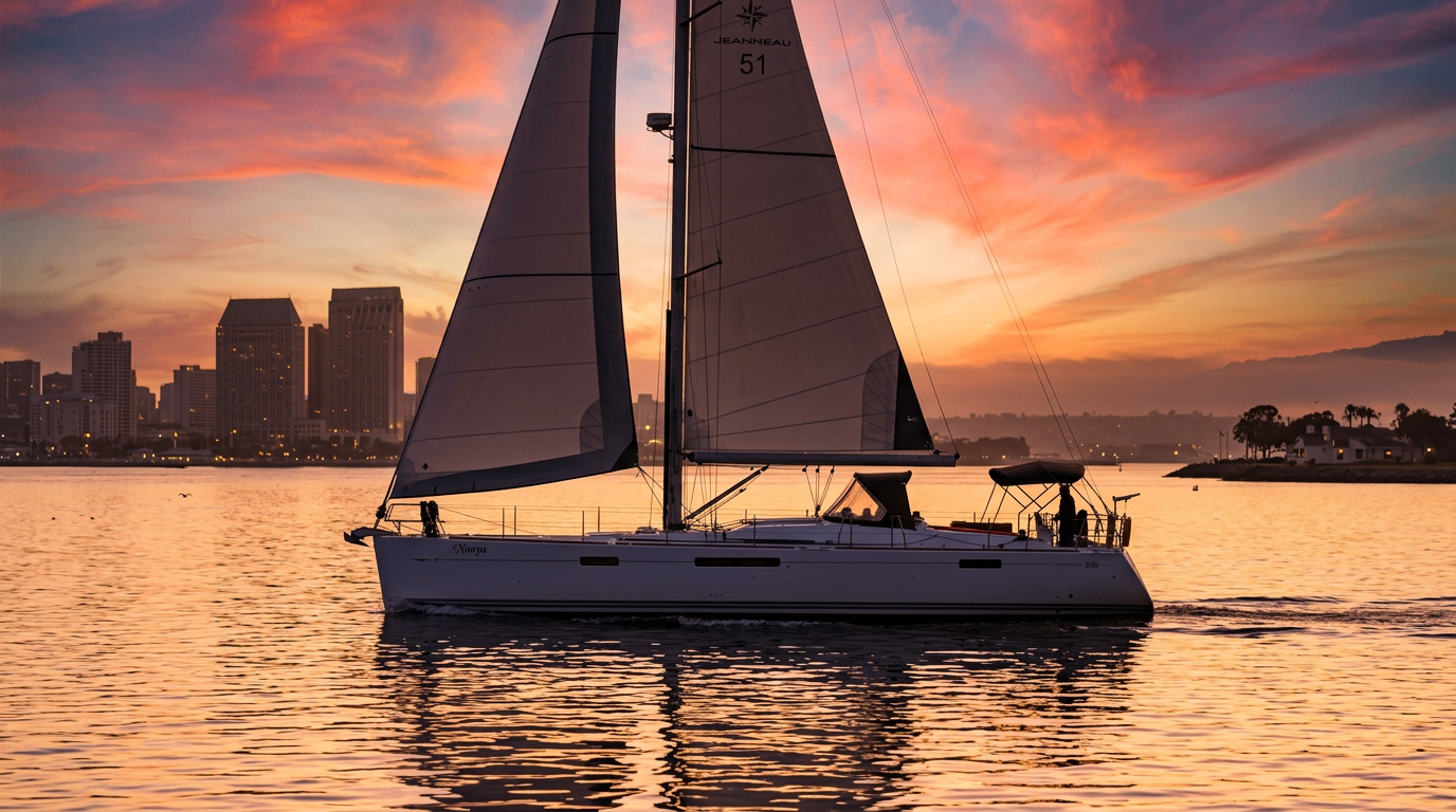 Side profile of the Jeanneau 51 yacht Nunya sailing during golden hour with San Diego skyline behind
