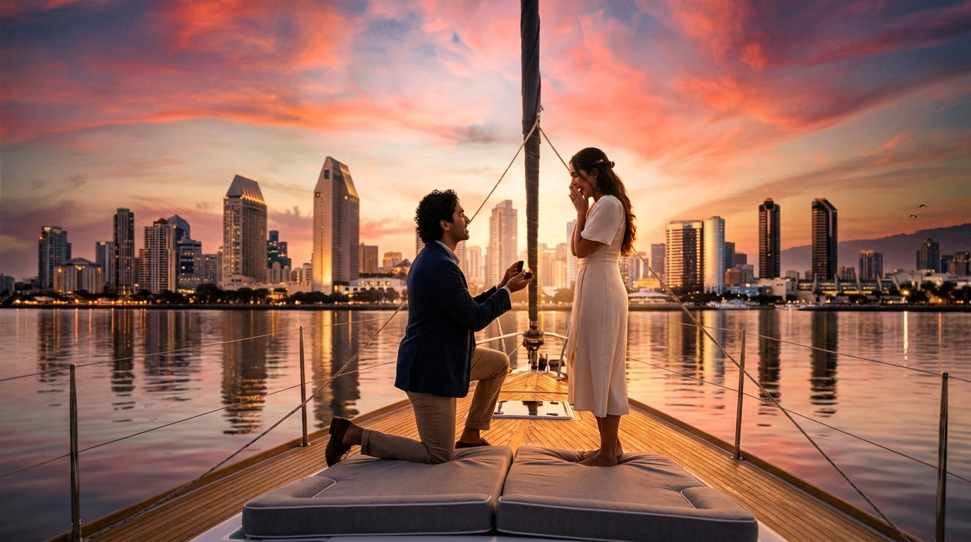 Proposal on the deck of Nunya reflected in the calm water of San Diego Bay under a pink and orange sky