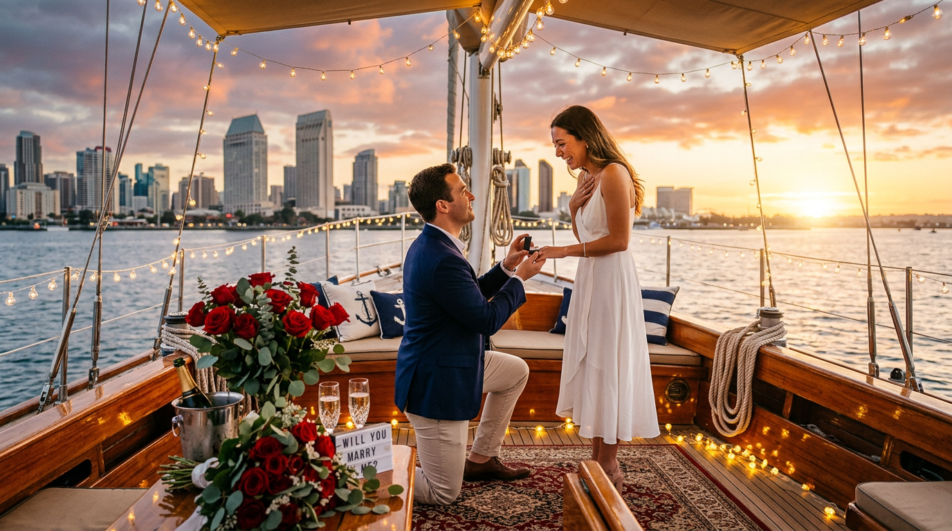 Marriage proposal setup on yacht deck at sunset with roses and champagne