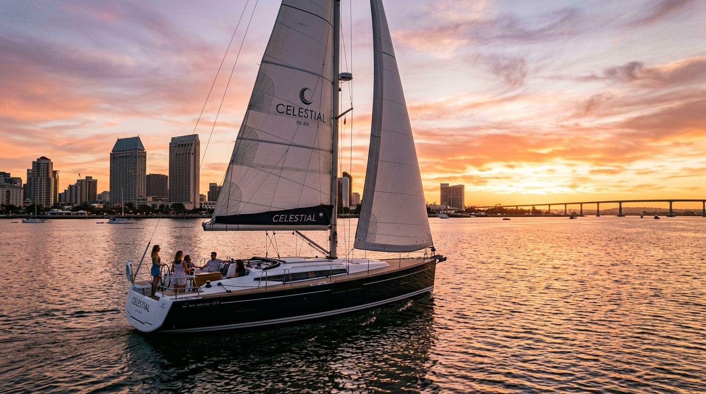 Sailing yacht on San Diego Bay during a vibrant golden hour sunset