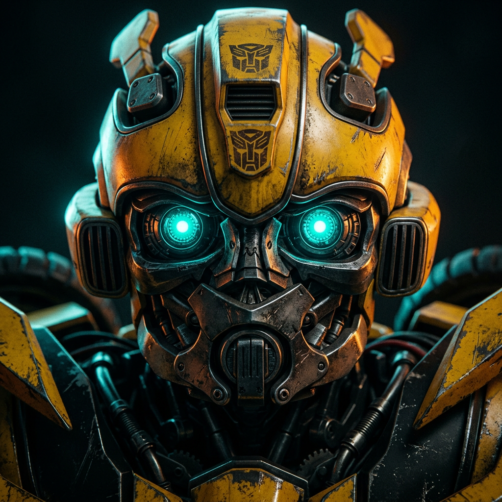 Bumblebee close-up face with glowing cyan optics