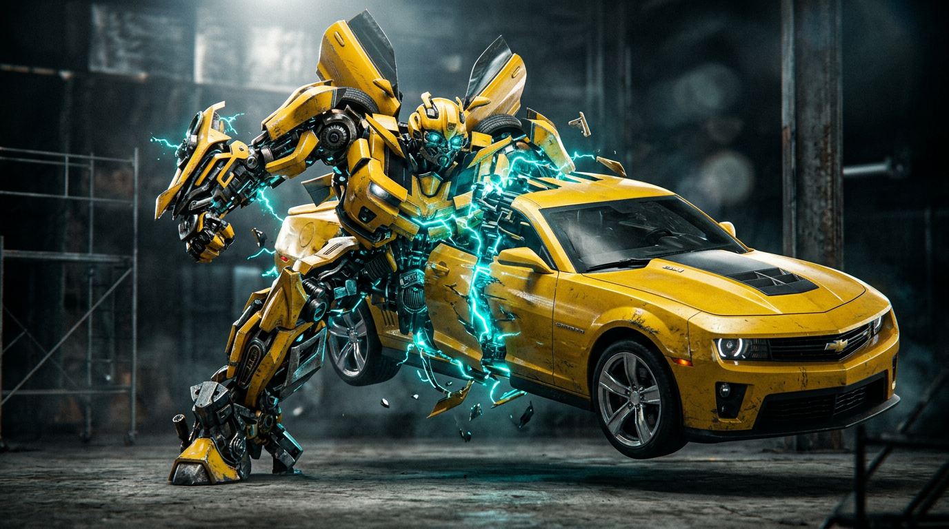 Bumblebee mid-transformation from Camaro to Autobot with energon sparks