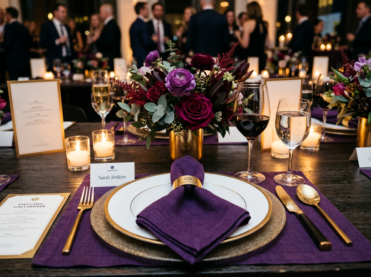 Luxury executive celebration table details with violet and gold place setting