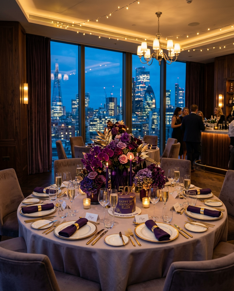 Polished executive birthday celebration venue with violet and gold details