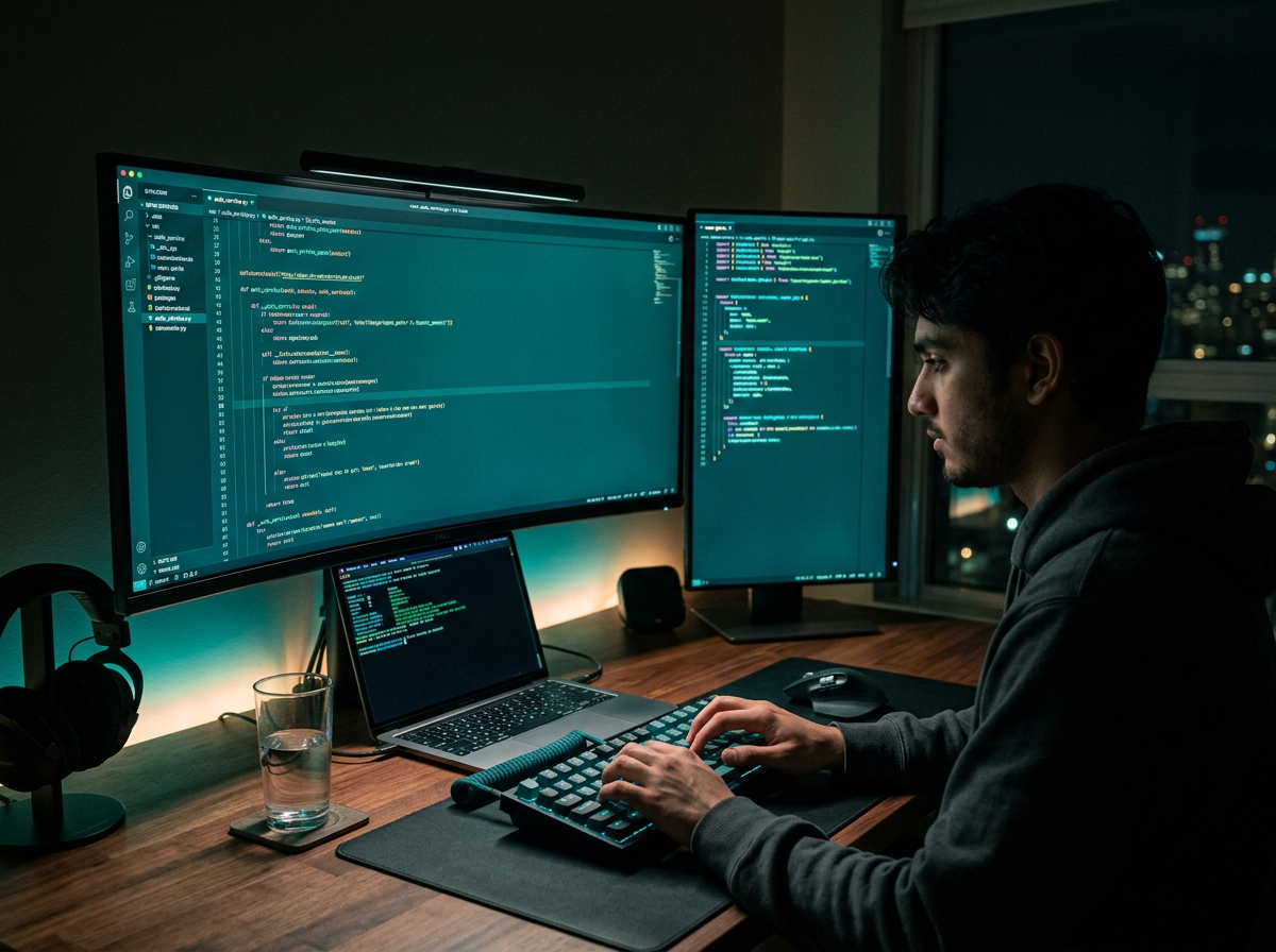 Software engineer workspace at night