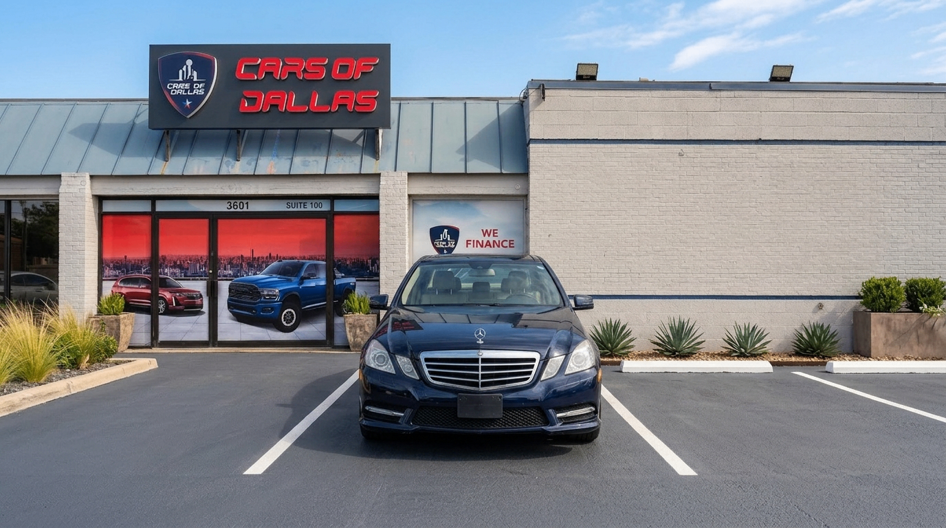 After: the same car dealership storefront professionally enhanced