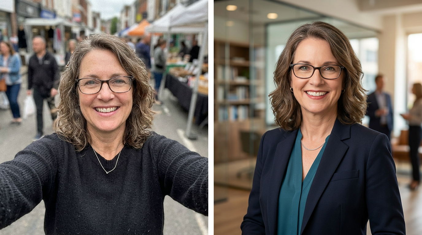 A selfie transformed into a professional headshot