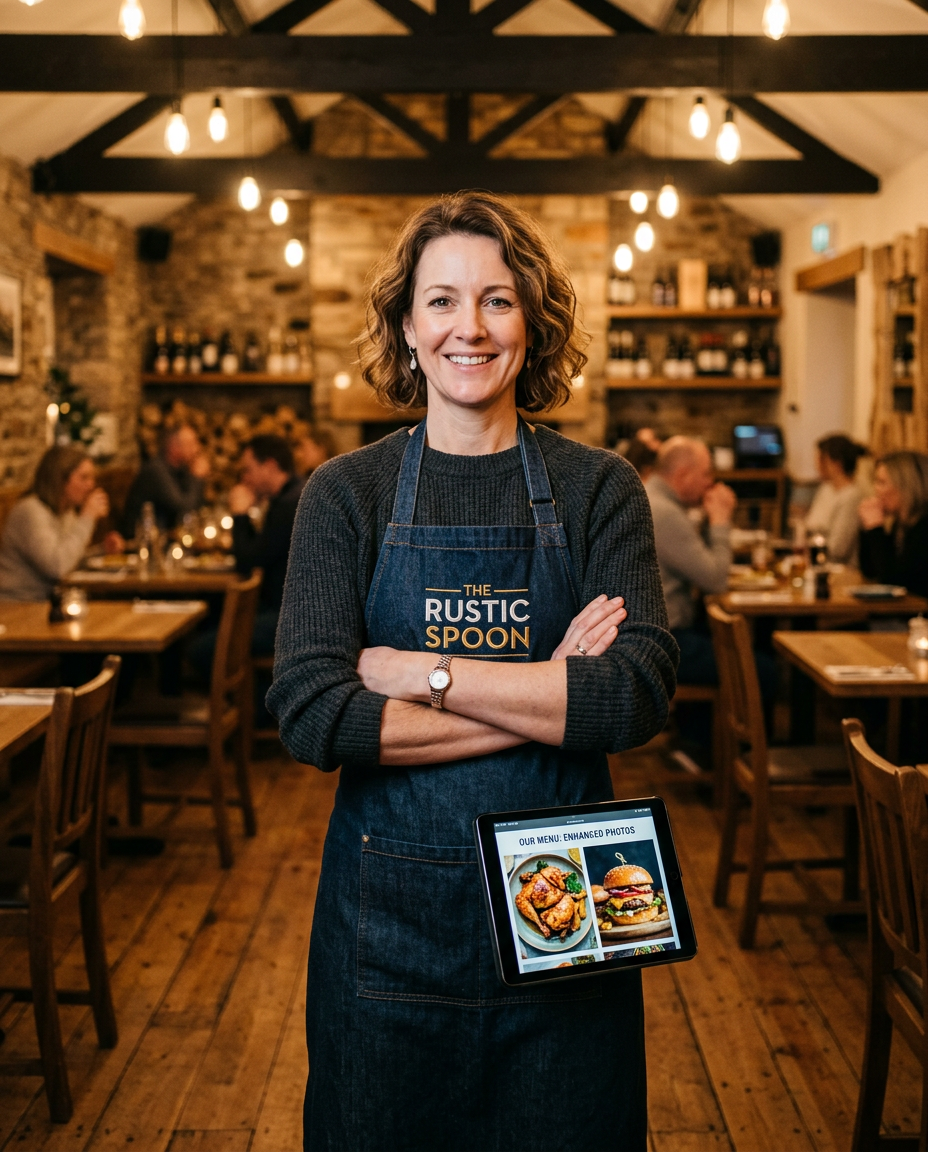 A confident restaurant owner reviewing her enhanced business photos