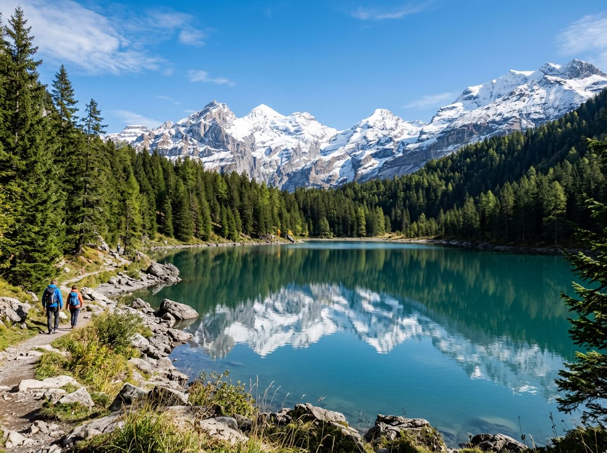Serene alpine lake reflecting snow-capped mountain peaks