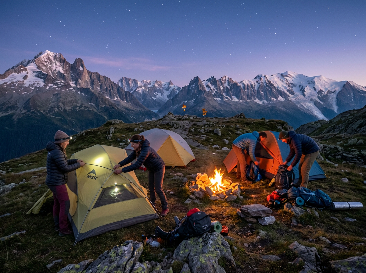 Hikers camping on a mountain plateau at dusk