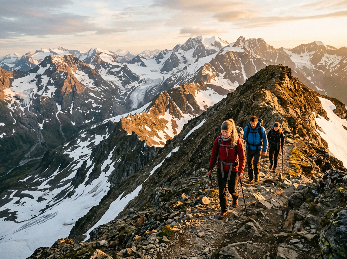 Hikers on a dramatic ridge trail overlooking snow-capped peaks
