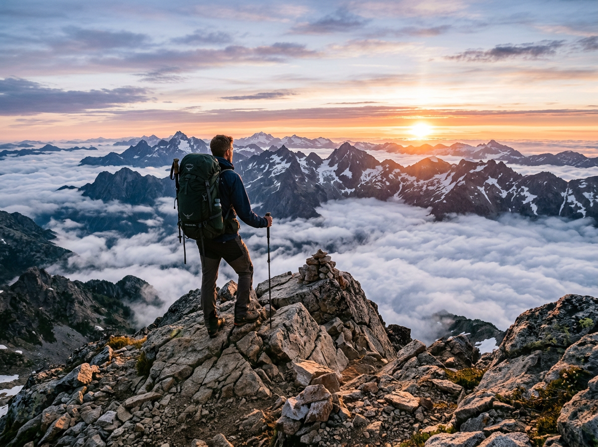 Lone hiker on a rocky summit at sunrise above the clouds