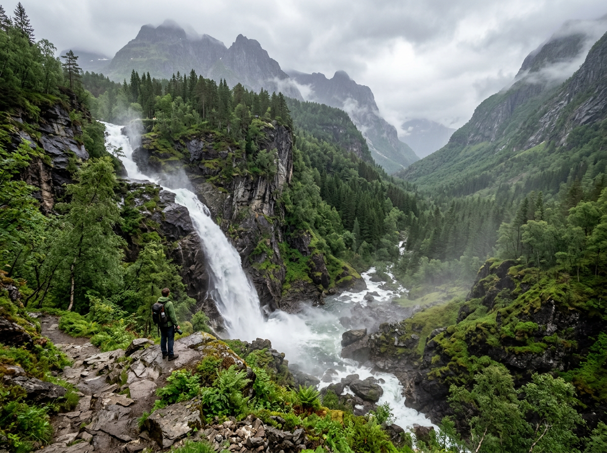 Waterfall cascading down rocky cliffs in a mountain valley