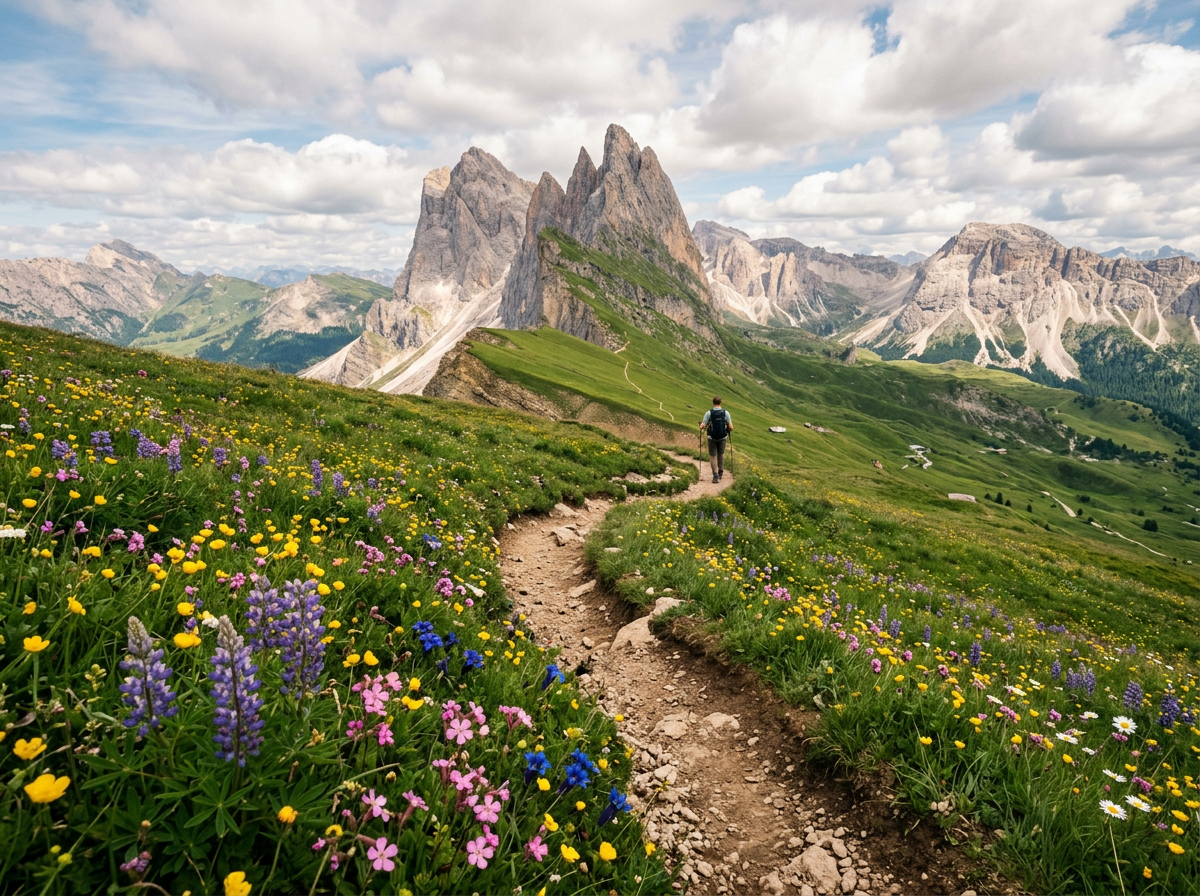 Winding mountain trail through wildflower meadows